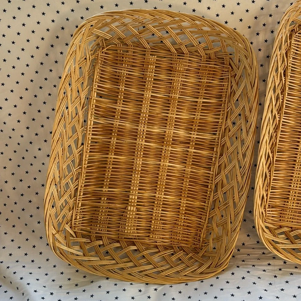 Vintage Wicker Set of 2 Woven Rectangular Baskets / Bread / Fruit Tray Light Tan